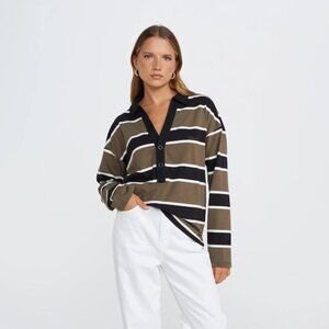 Striped Long-Sleeve Polo Top in Olive, Black & White